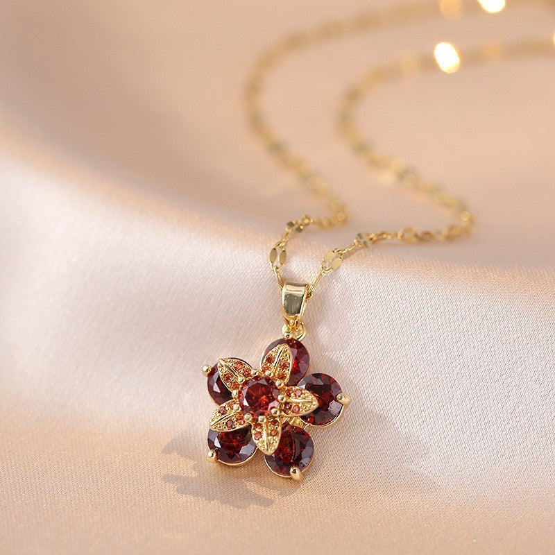 Female Minority Fashion Design Rotating Bauhinia Zircon Flower Necklace