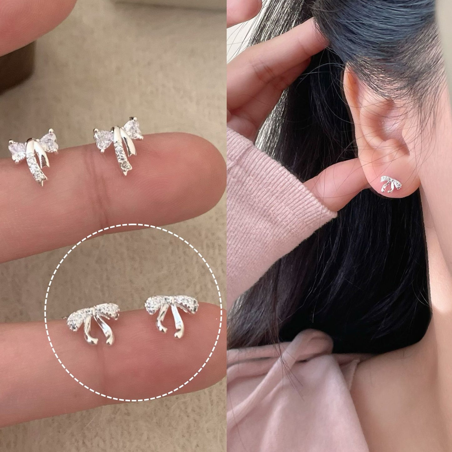 Fashion Ribbon Zircon Bow Light Luxury Versatile Delicate Design Sense Stud Earrings