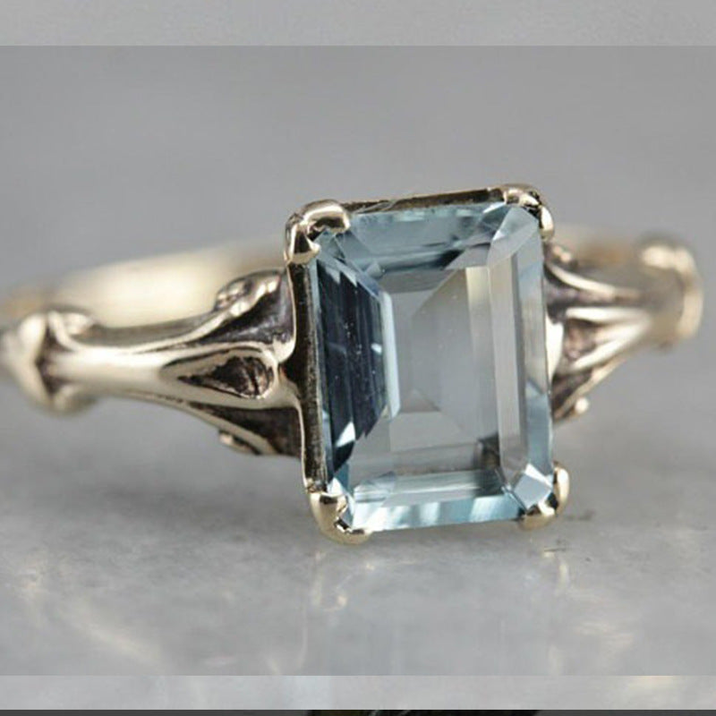 Classic Square Navy Blue Topaz Female Ancient Sier-plated Rings