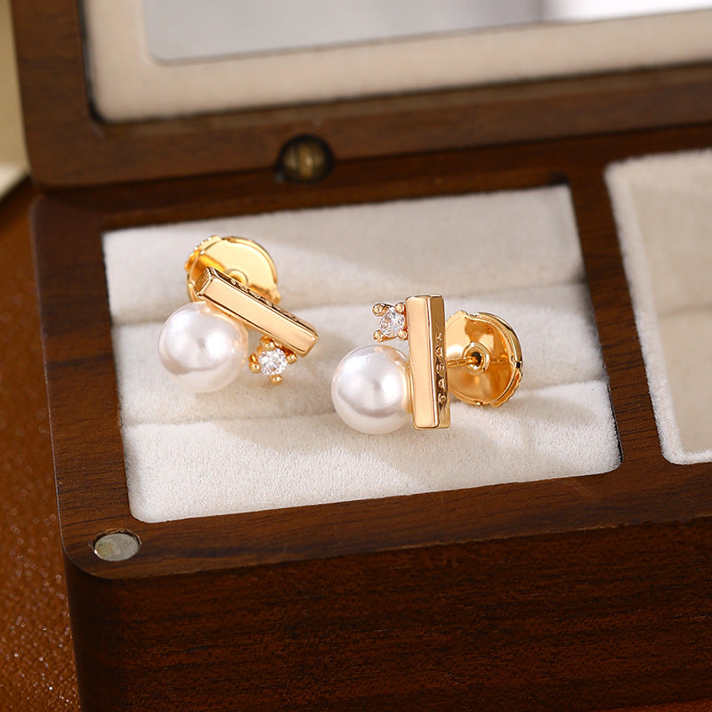 Women's Sier Needle Niche Inlaid Zircon Pearl Simplicity Small Versatile High Earrings