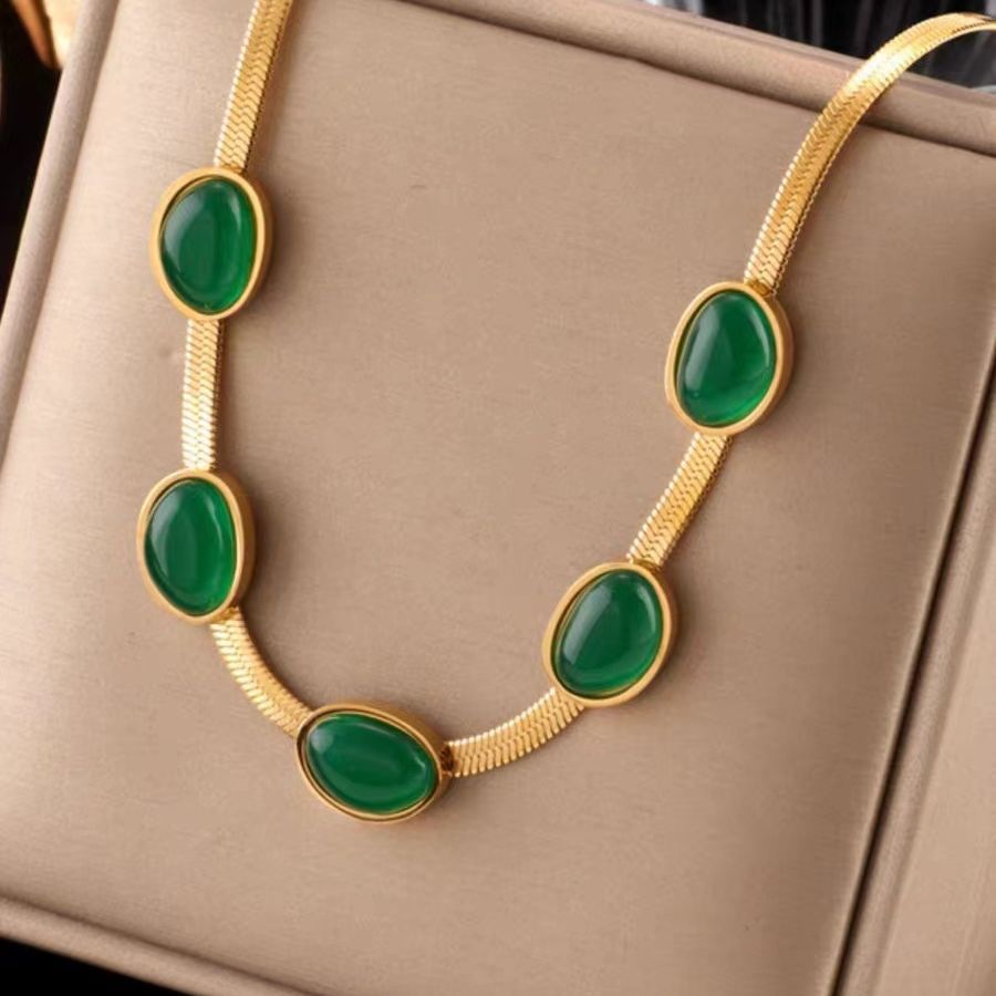 Style Titanium Steel Blade Chain Vintage Emerald Temperament Wild Necklaces