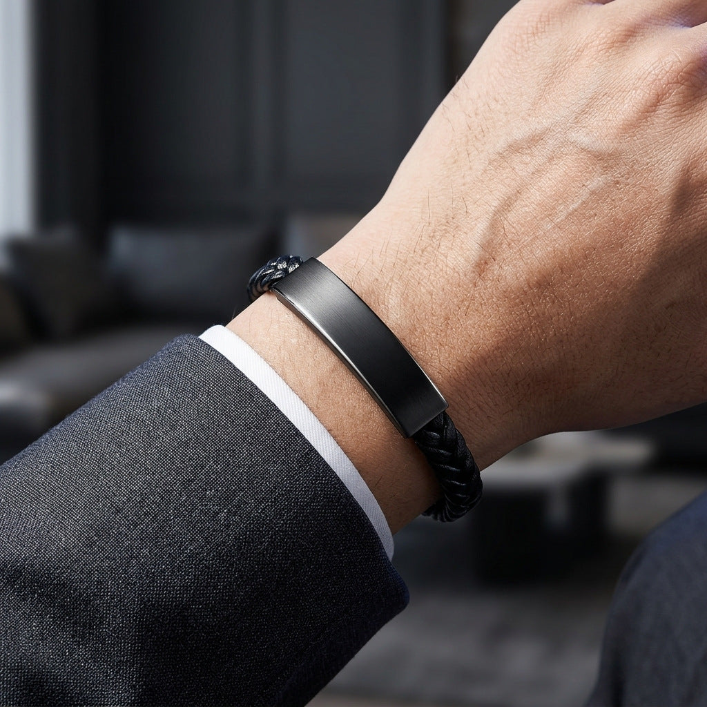 Men's Woven Leather String Titanium Steel Retro High Sense Can Bracelet