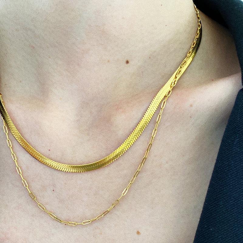Plated Double Layer Snake Bones Chain Blade Lattice Twin Fashionable Necklace