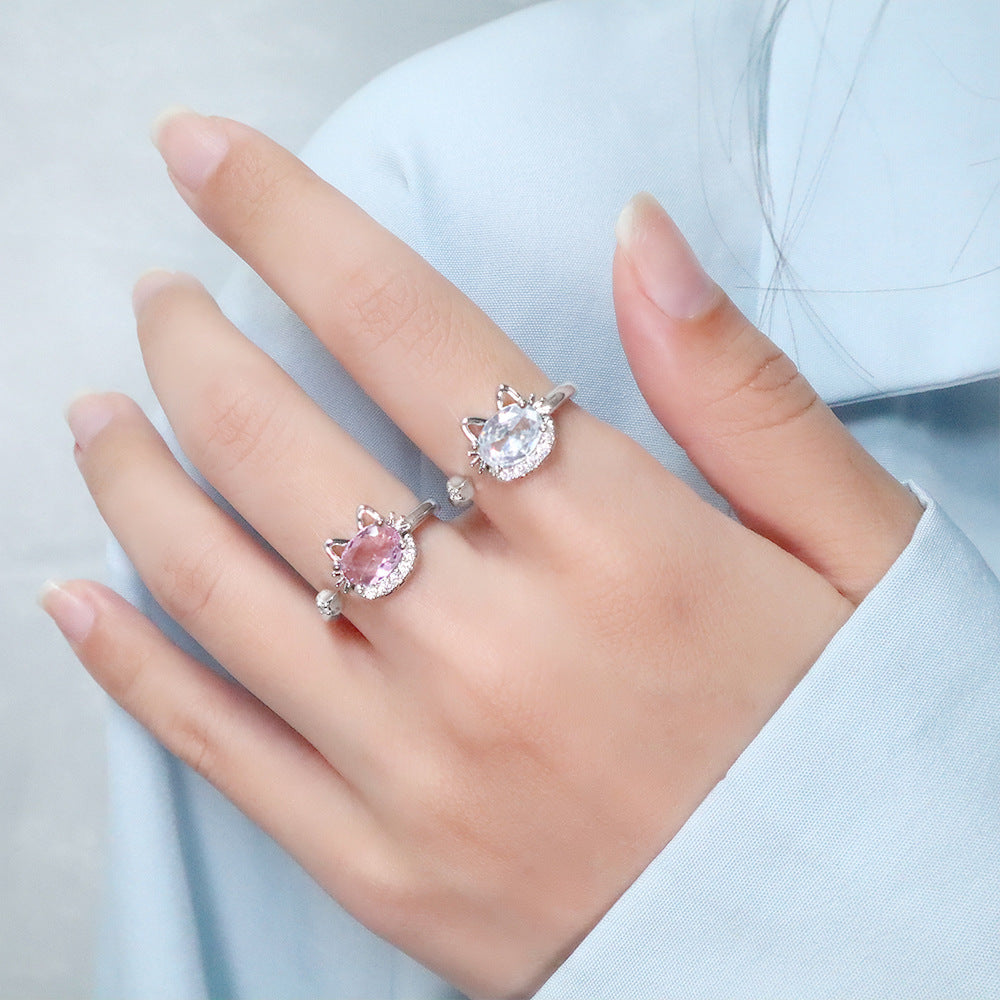 Cat Head Open Exquisite Smart Pink Diamond Ring