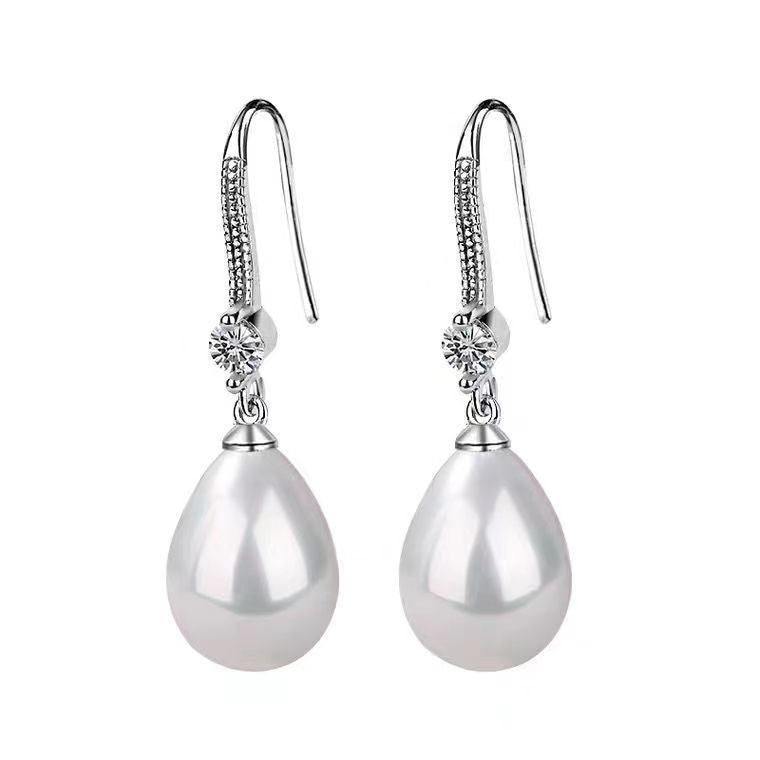 Ornament Sier Water Drop Oval Artificial Pearl Earrings