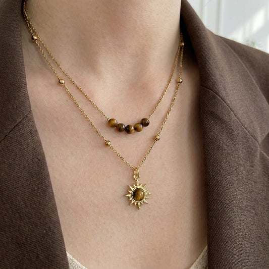 Women's Vintage Gold Sunflower Tiger Eye Niche Design Necklaces