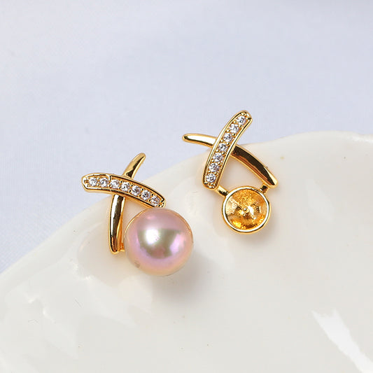 Women's Electroplated Real Gold X Type Zircon Pearl Auricular Needle Sier Stud Earrings