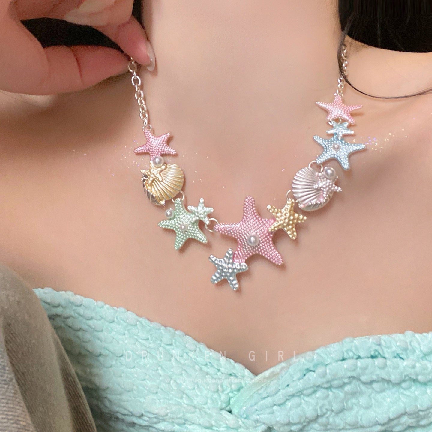 Colorful Starfish Shell Female Seaside Vacation Clavicle Chain Earrings