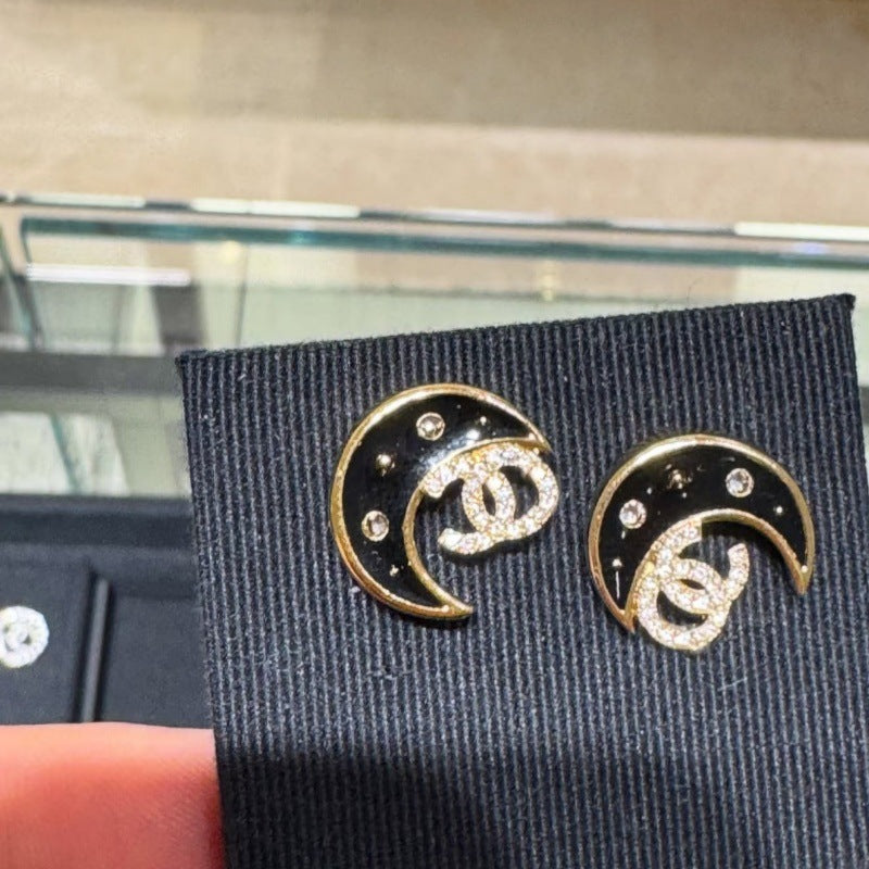 Women's Pairs Of Rhinestone Letters Light Luxury High Sense Moon Sier Earrings