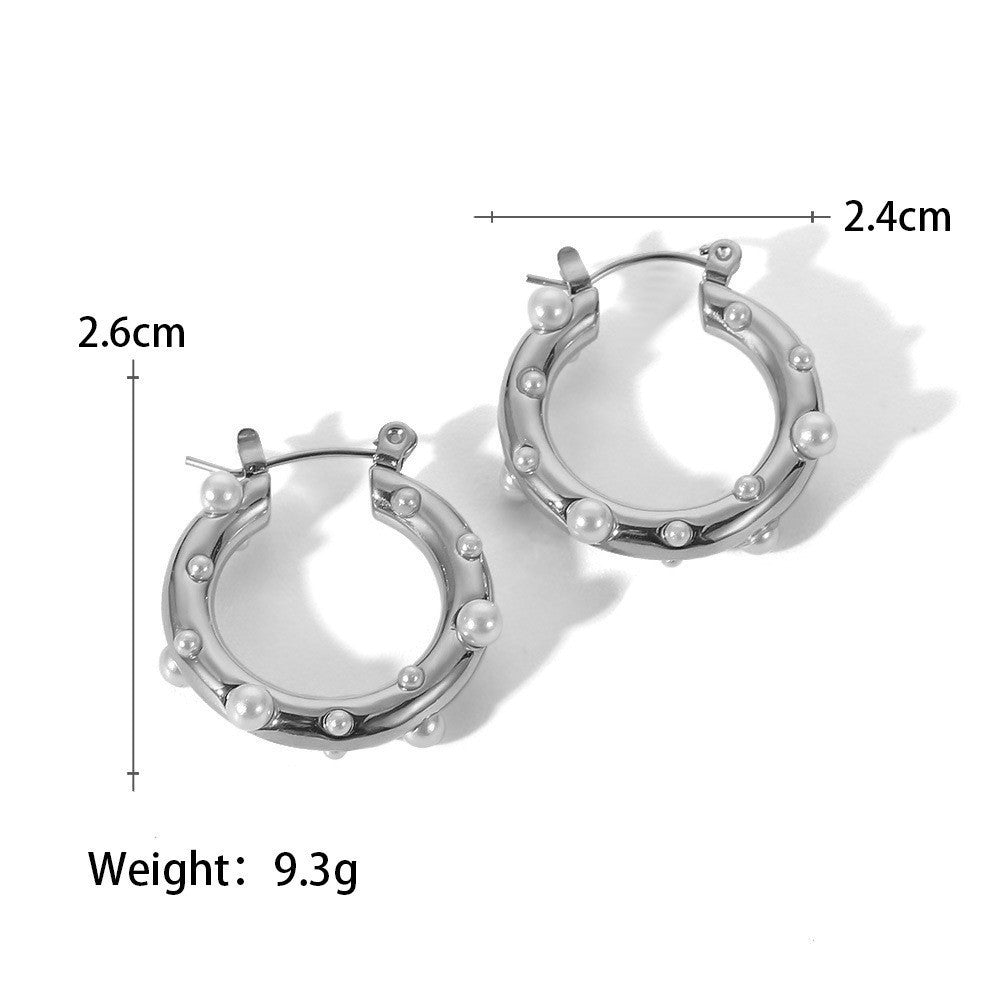 Women's Personalized Stainless Steel Hoop Inlaid Pearl Earrings
