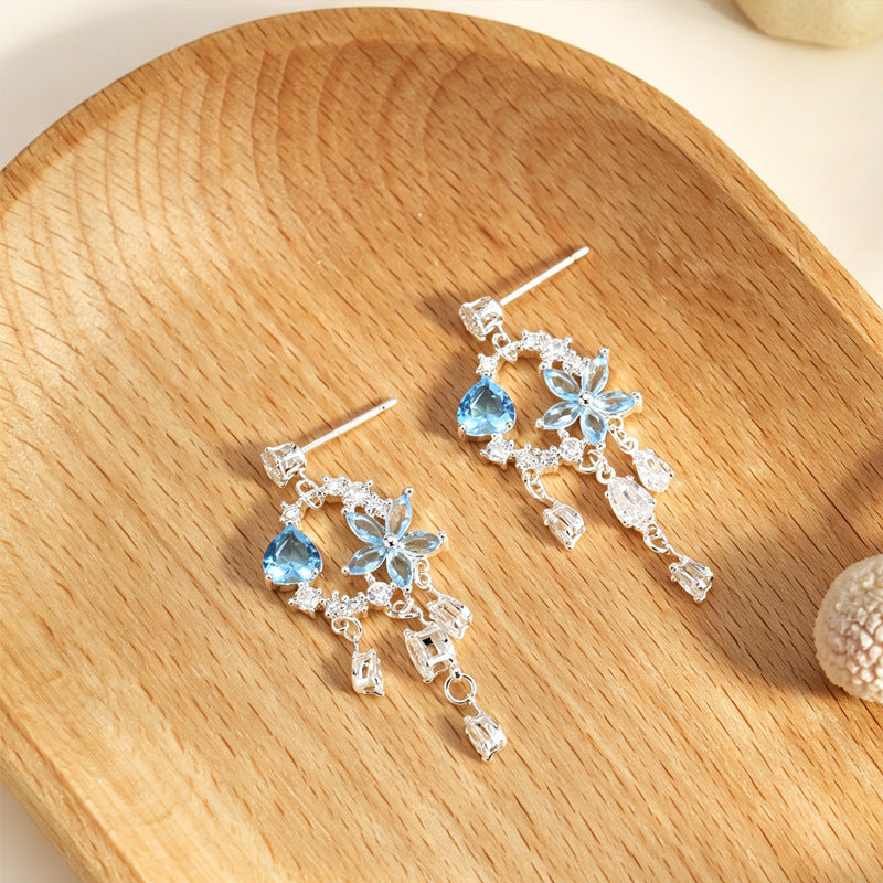 Fresh Zircon Flower Sweet Long Tassel Sier Earrings