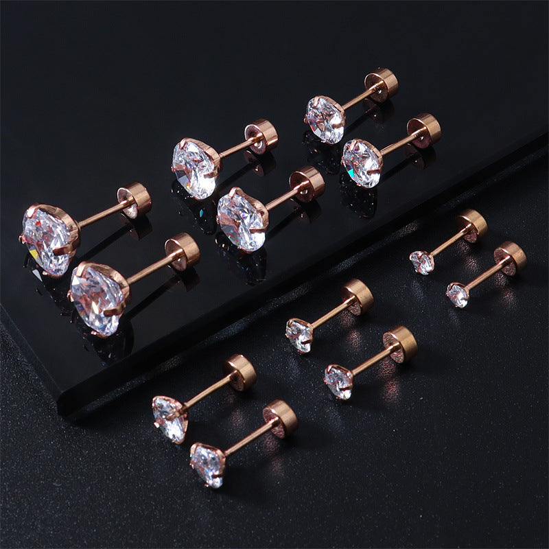 Women's & Men's Stainless Steel Integrated Inlaid Zircon Round Bottom Small Ear Stud Earrings