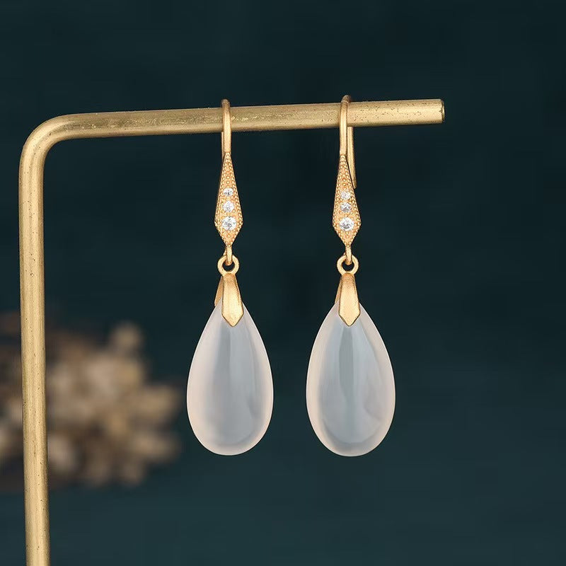 Style Classical Cheongsam Natural Water Drop Chalcedony Agate Stylish Graceful Rings