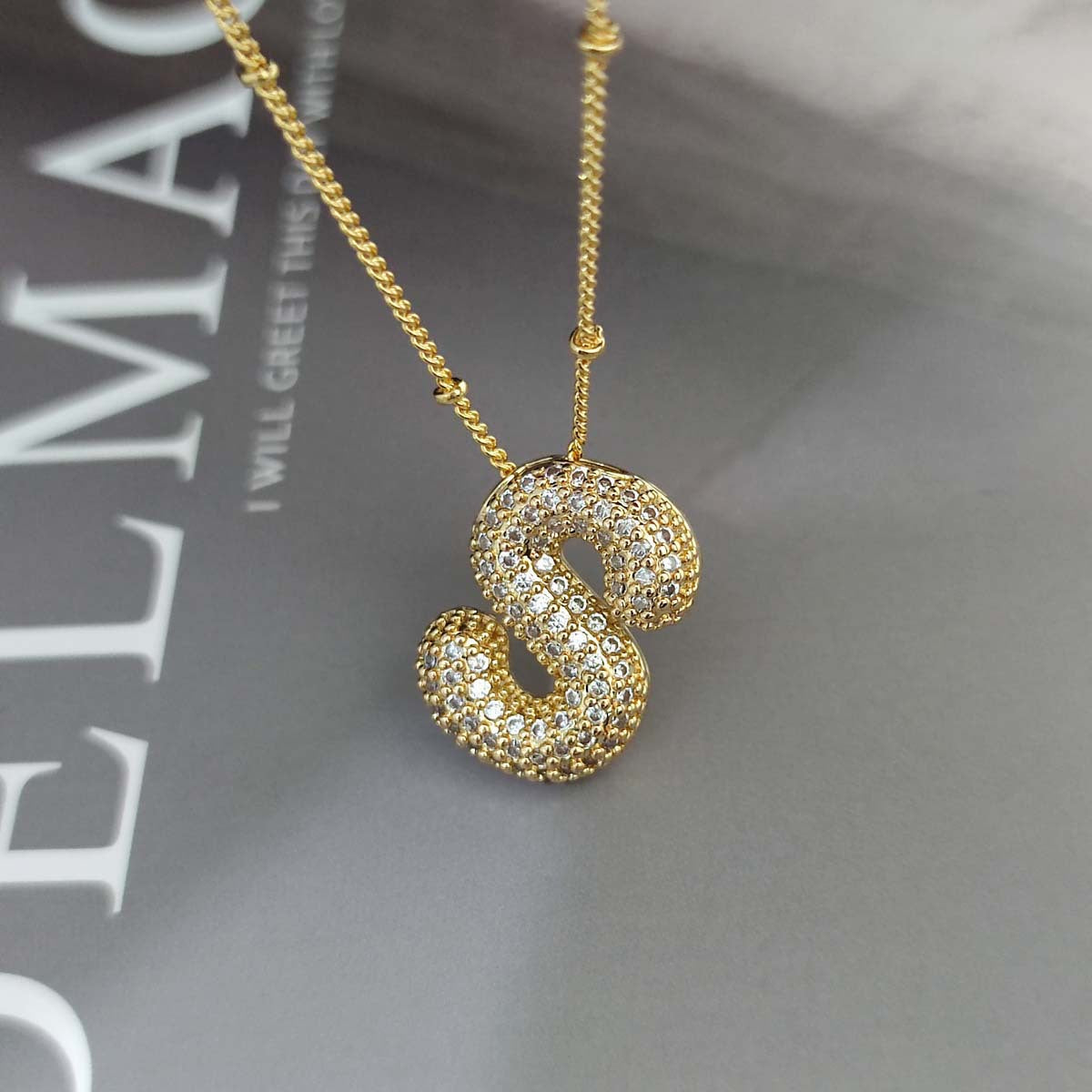 Gold Zircon Chubby Balloon Bubble English Pendants