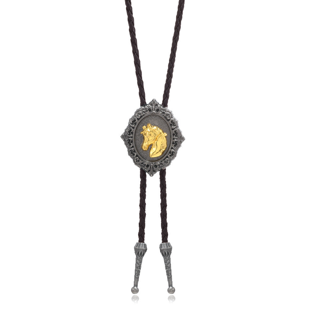 Men's Tie Leather String Horse Head Cow Alloy Long Sweater Chain Pendants