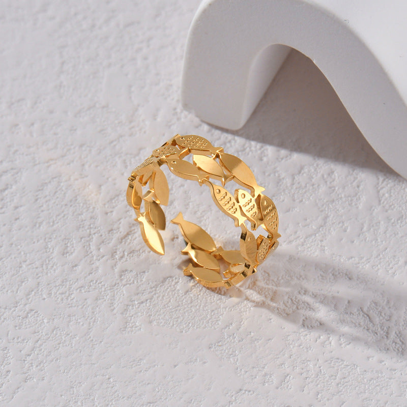 Titanium Steel Gold Hollow Fish Female Ring
