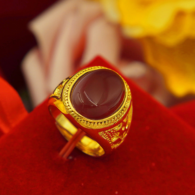 Men's Square Oval Man's Brass Gold-plated Inlaid Obsidian Ring