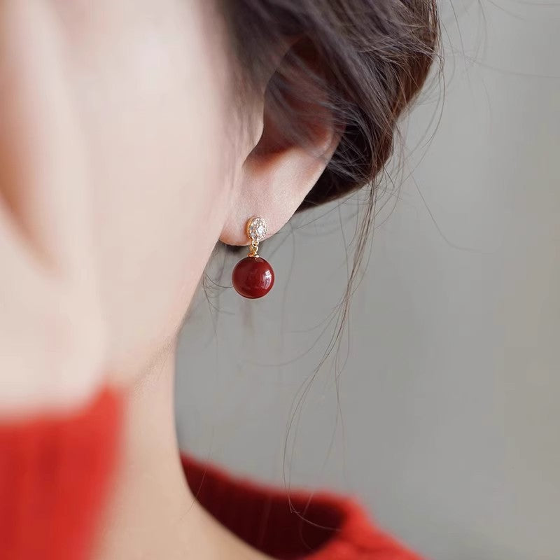 Women's For Auspicious Jade Chinese Cloud Retro Red Stud Earrings
