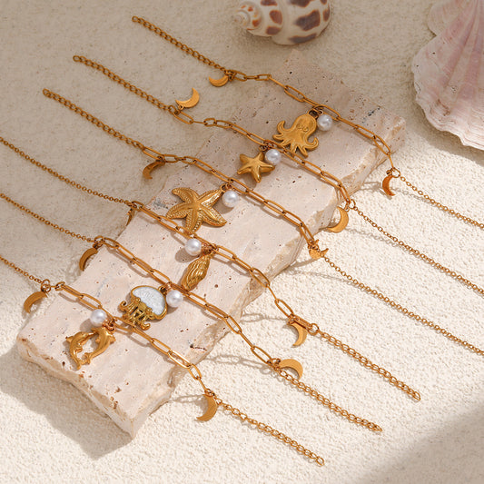 Ocean Series Starfish Pearl Stainless Steel Titanium Vacation Style High Bracelets