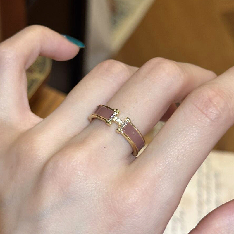 Women's Enamel Oil Dripping Craft Zircon White Cinnamon Milk Tea Brown Ring