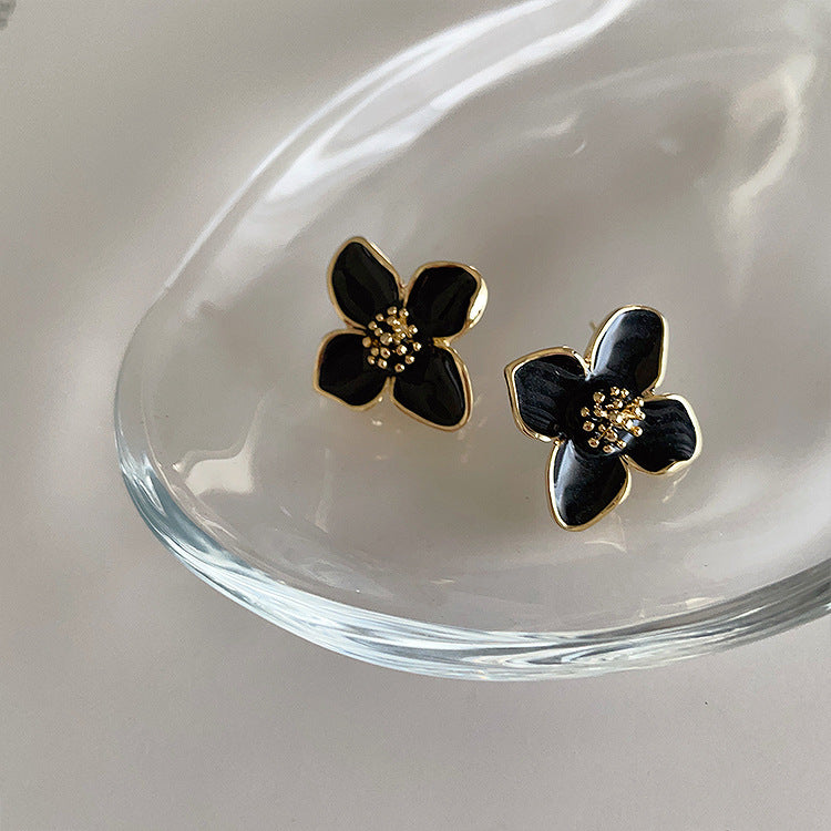 Oil Dripping Metal Flower French Retro Earrings