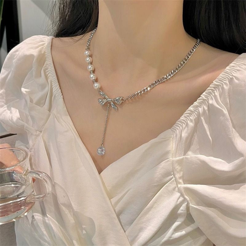 Women's Style Vintage Bow Pearl Light Luxury Minority Design Crystal High Necklace