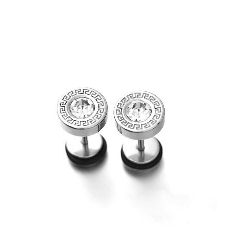 Vintage Disc Great Wall Pattern Diamond Round Titanium Steel Ear Stud Earrings