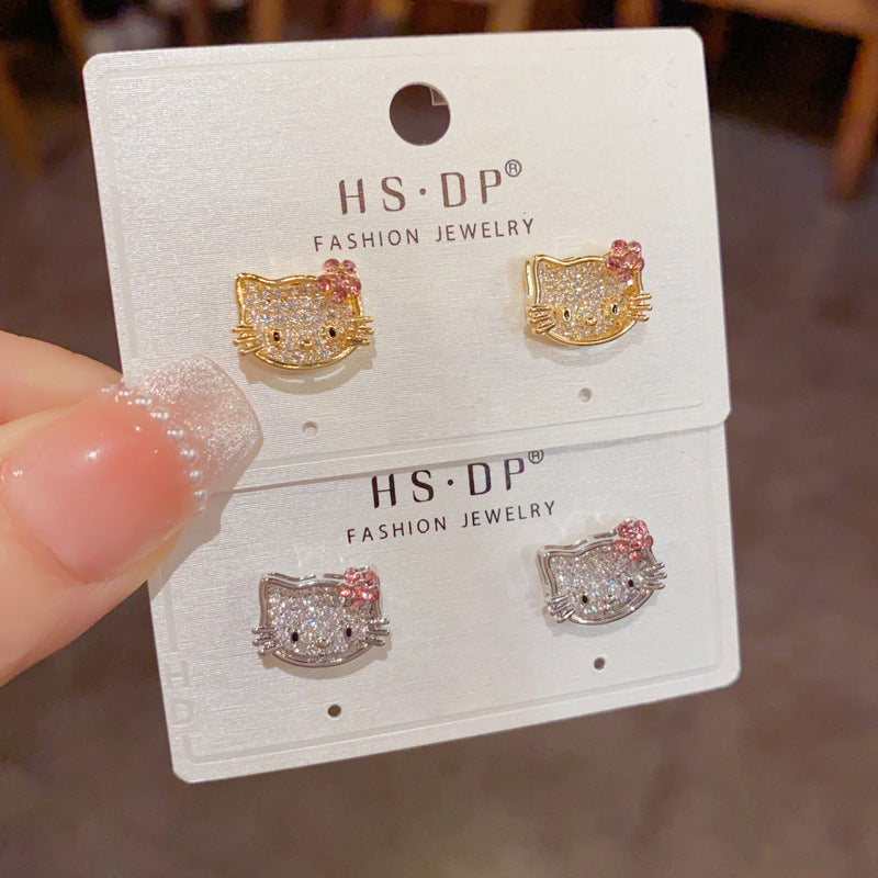 Versatile Full Diamond Kitten Ear Temperament Entry Lux Small Simple Earrings