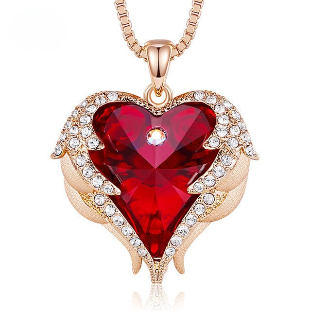 Ocean Heart Female Angel Wings Crystal Necklace