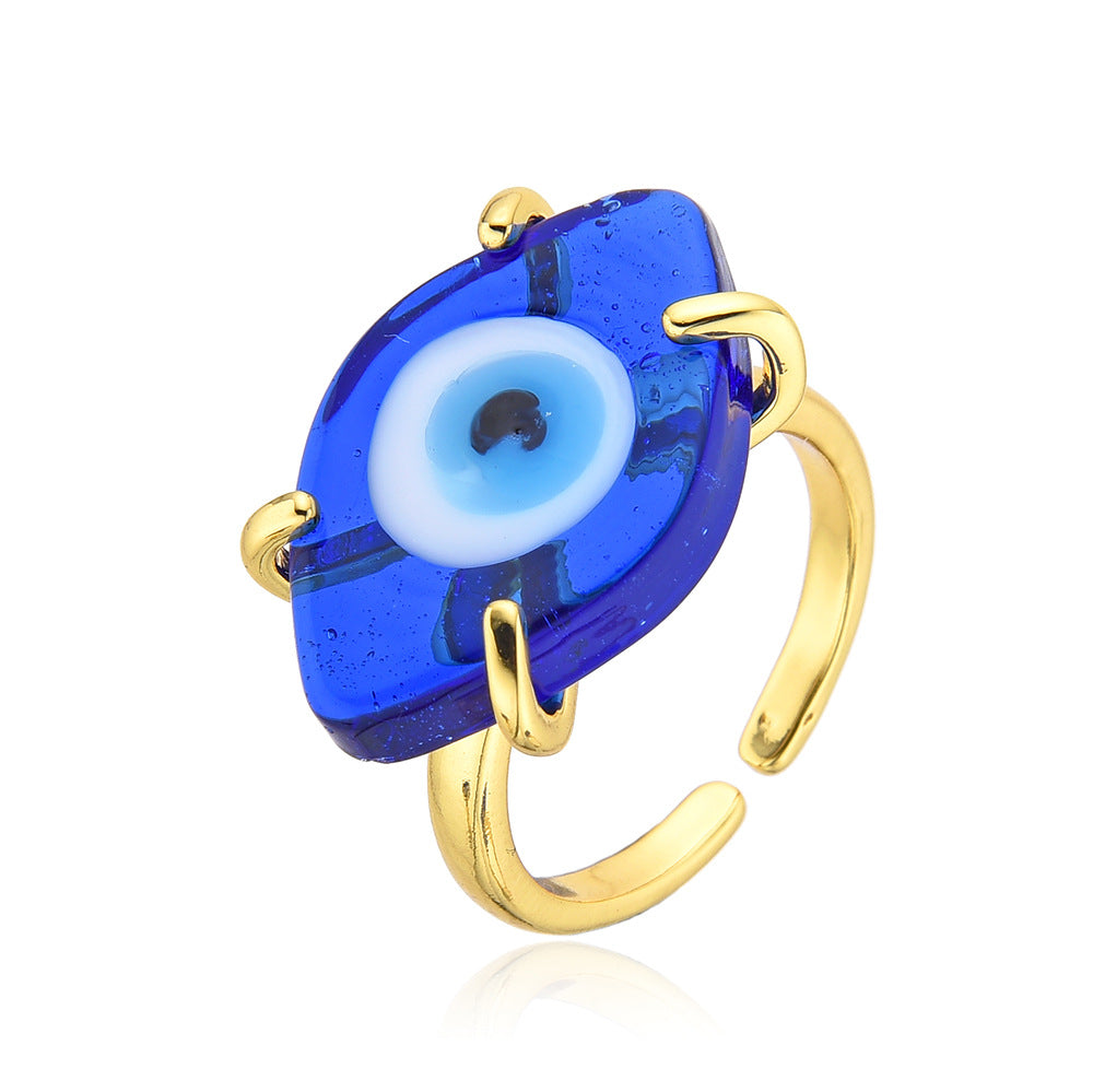 Women's Handmade Gold Copper Inlaid Glass Eyes Open-end For Bohemian Adjustable Ring