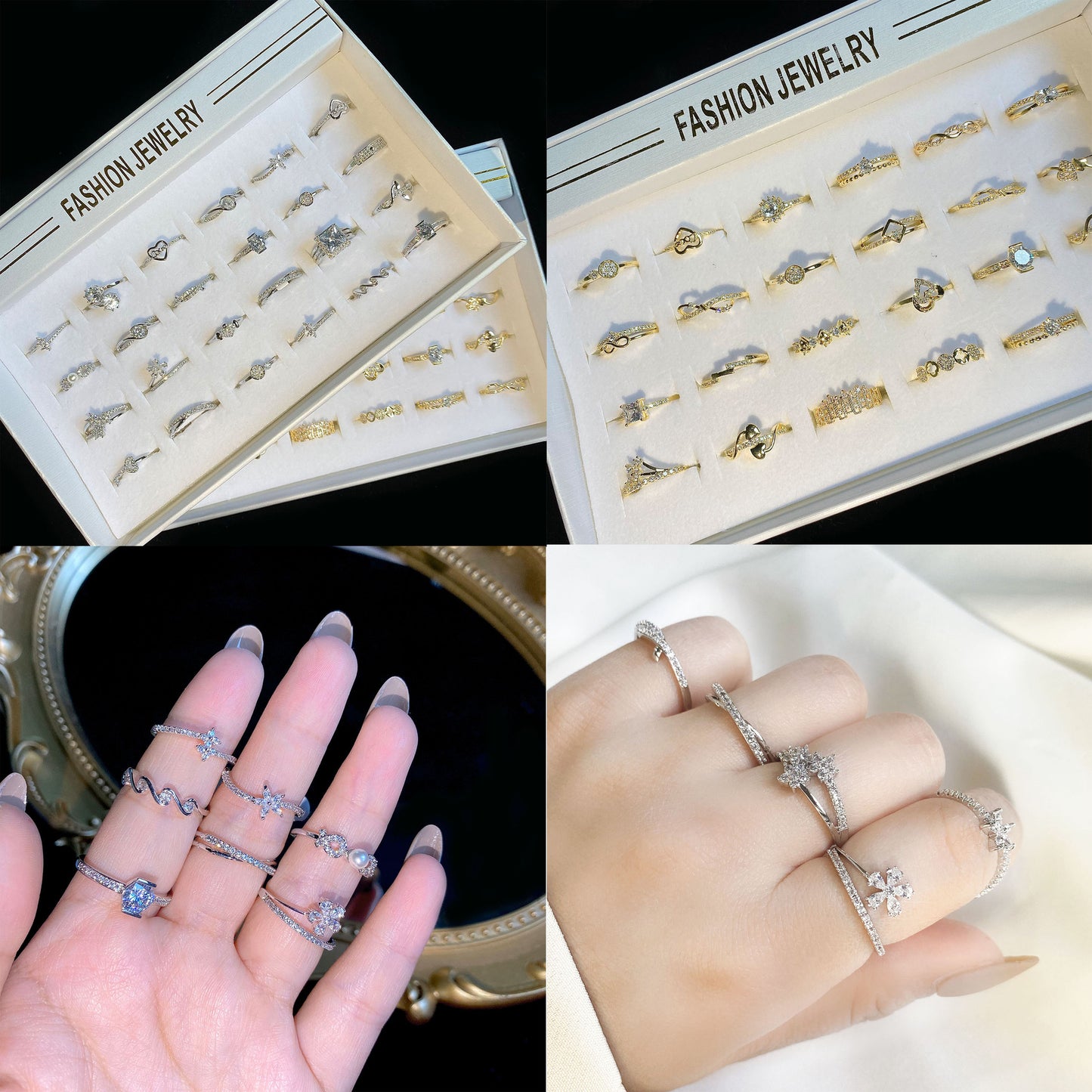 Gold Electroplated Geometric Female Opening Zircon Rings