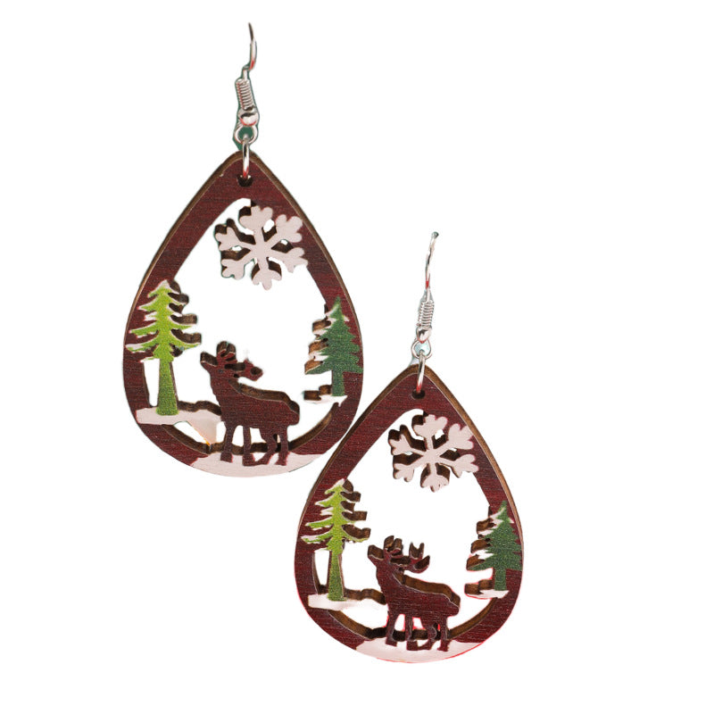 Creative Cartoon Cute Hollow Santa Claus Elk Wooden Earrings