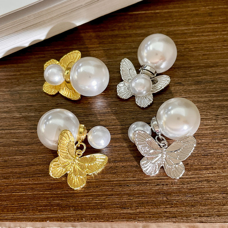 Women's Double-sided Retro Embossed Pearl Fashionable Elegant High-grade Earrings