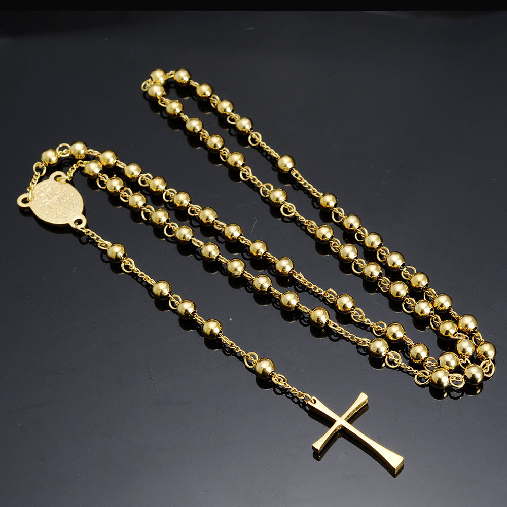 Women's & Men's Stainless Steel Cross Titanium Beads Gold-plated Necklace