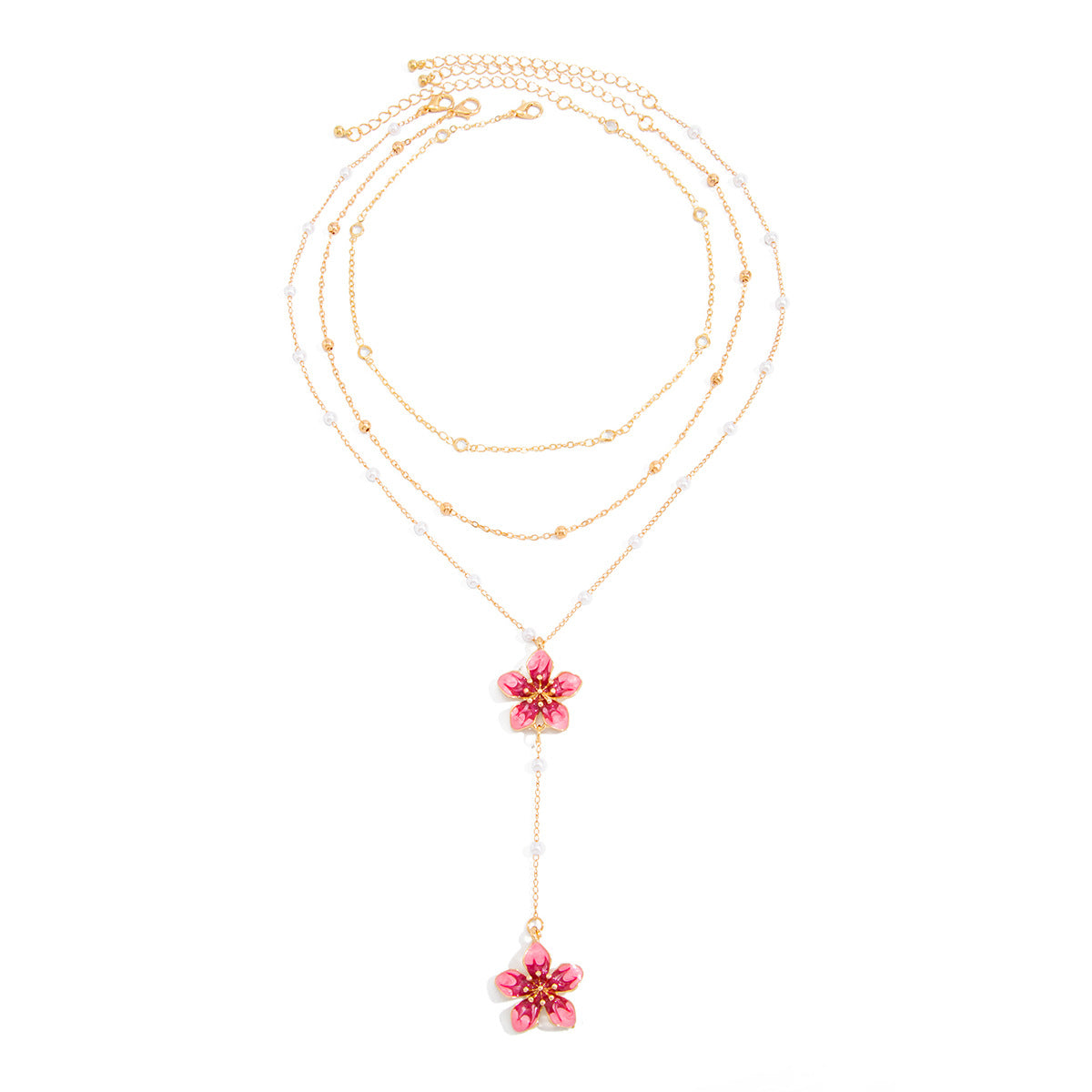 Women's Twin Thin Chain Glaze Flowers Y-shaped Tassel Necklace