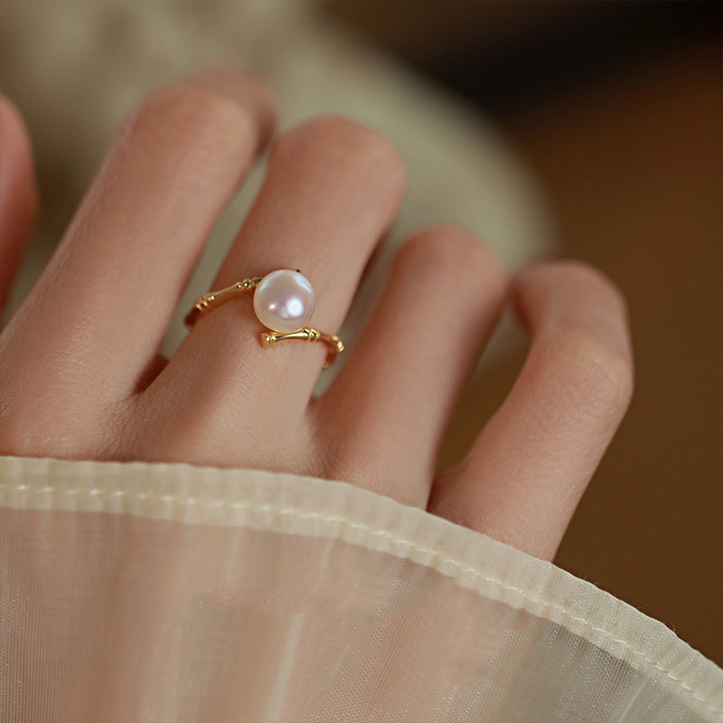Women's Pearl Bamboo Light Luxury High Sense Design Simple Graceful Open Ring