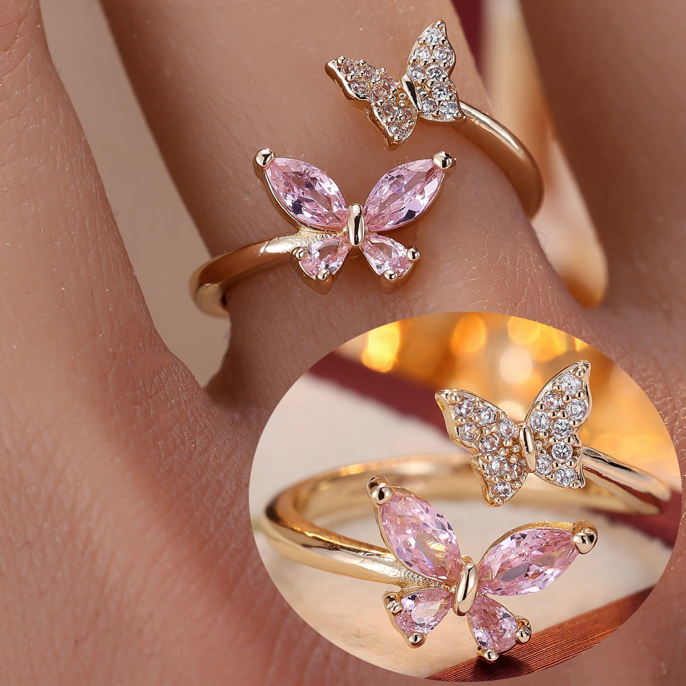 Inlaid Zirconium Double Butterfly Open Light Luxury Minority Design Fashion Rings