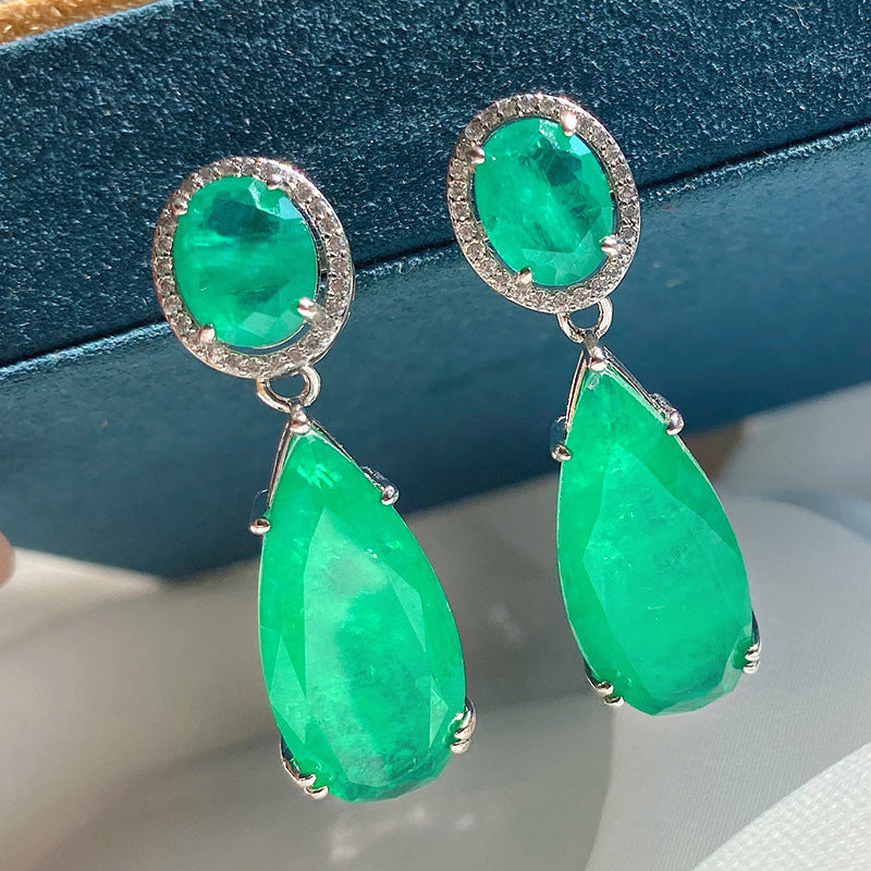 Women's Retro Large Water Drop Artificial Emerald Bar Earrings