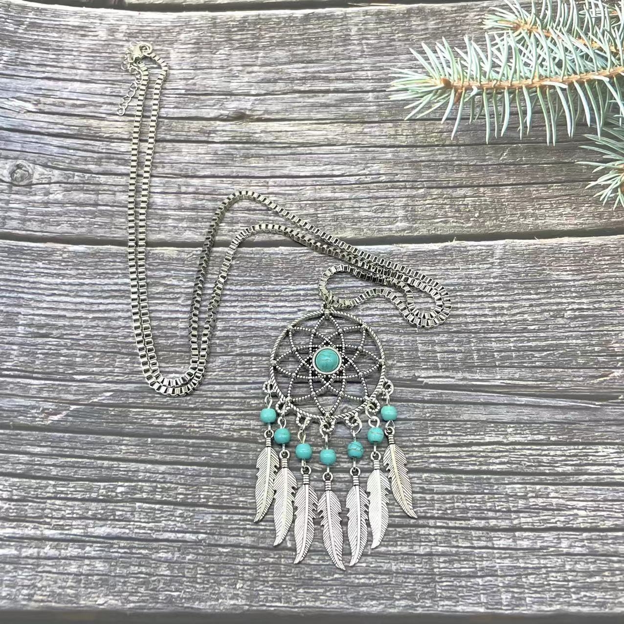 Fashion Turquoise Round Beads Alloy Feather Necklaces