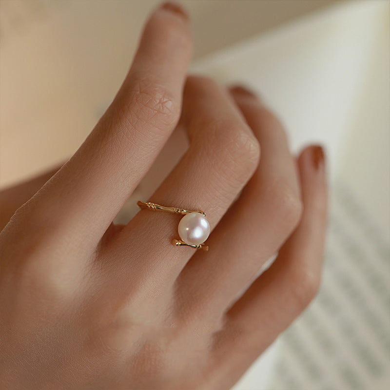 Women's Pearl Bamboo Light Luxury High Sense Design Simple Graceful Open Ring