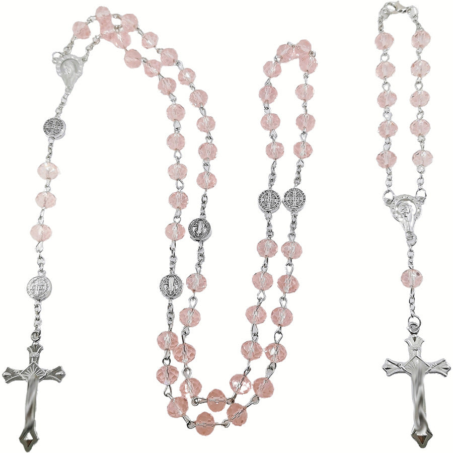Crystal Cross Rosary Long Sweater Chain Necklace