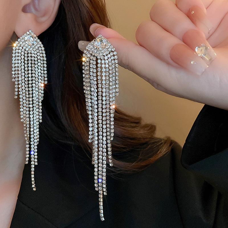 Women's Style Zircon Long Tassel Sier Pin Earrings