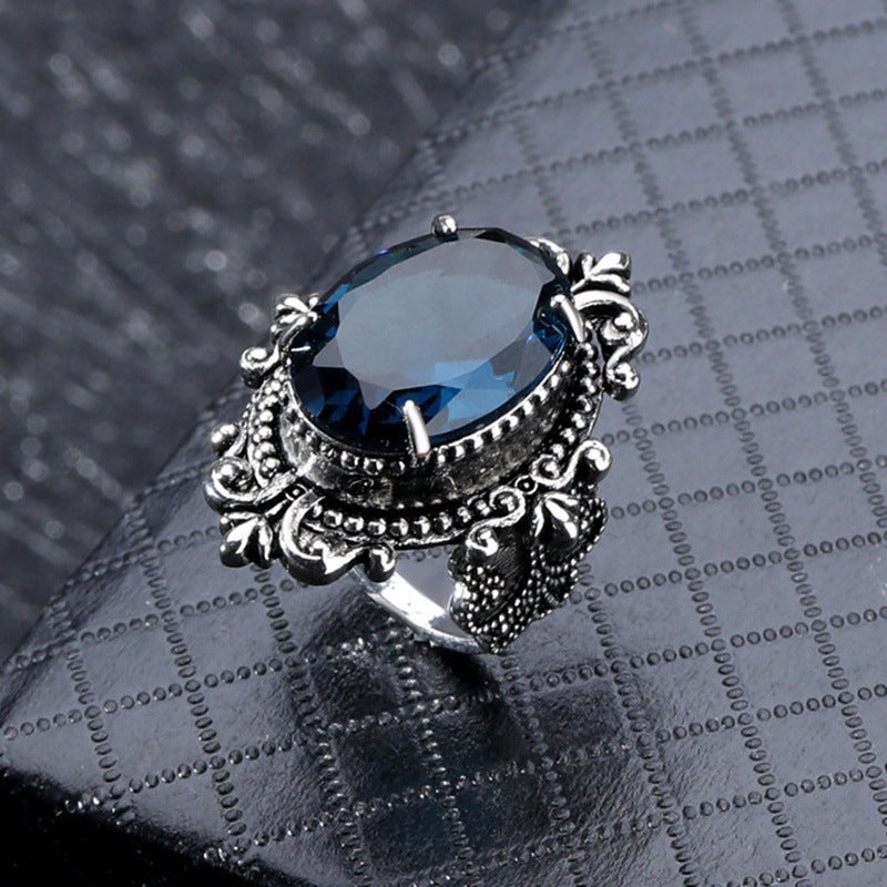 Blue Topaz Vintage Thai Sier Goose Egg-shaped Ring