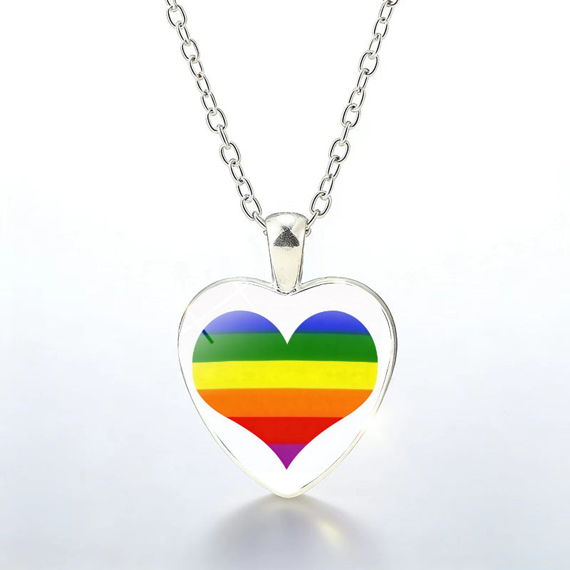 Multicolor Peach Heart Rainbow Pattern Time Gem Cabochon Necklaces
