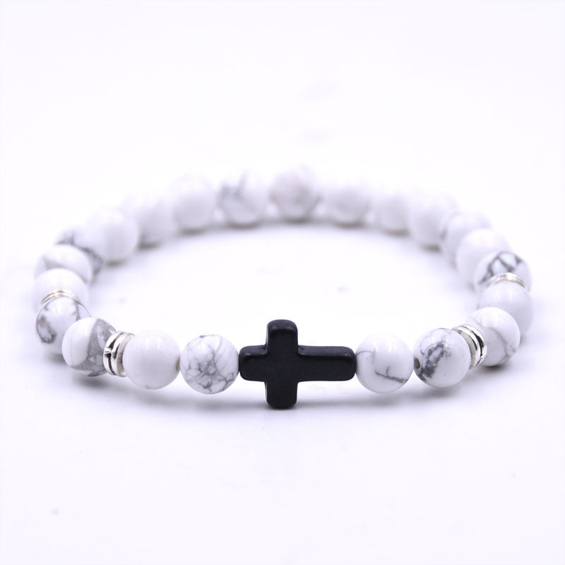 Energy Natural Stone White-barked Pine Blue Crystal Metal Cross Bracelets