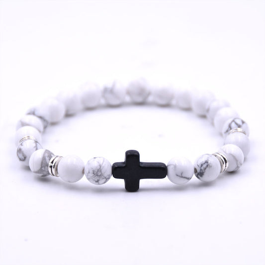 Energy Natural Stone White-barked Pine Blue Crystal Metal Cross Bracelets