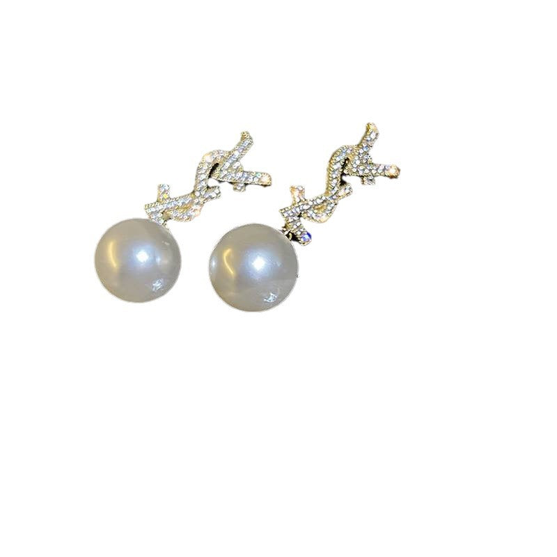 Sier Light Luxury Full Diamond Pearl Earrings