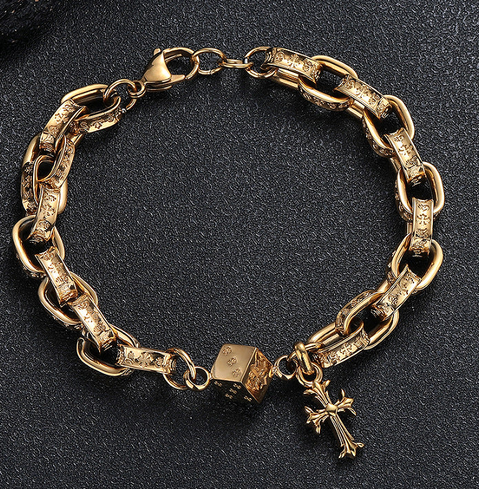 Women's & Men's Retro Titanium Steel Dice Cruciate Flower Simple Hip Hop Gold Bracelet