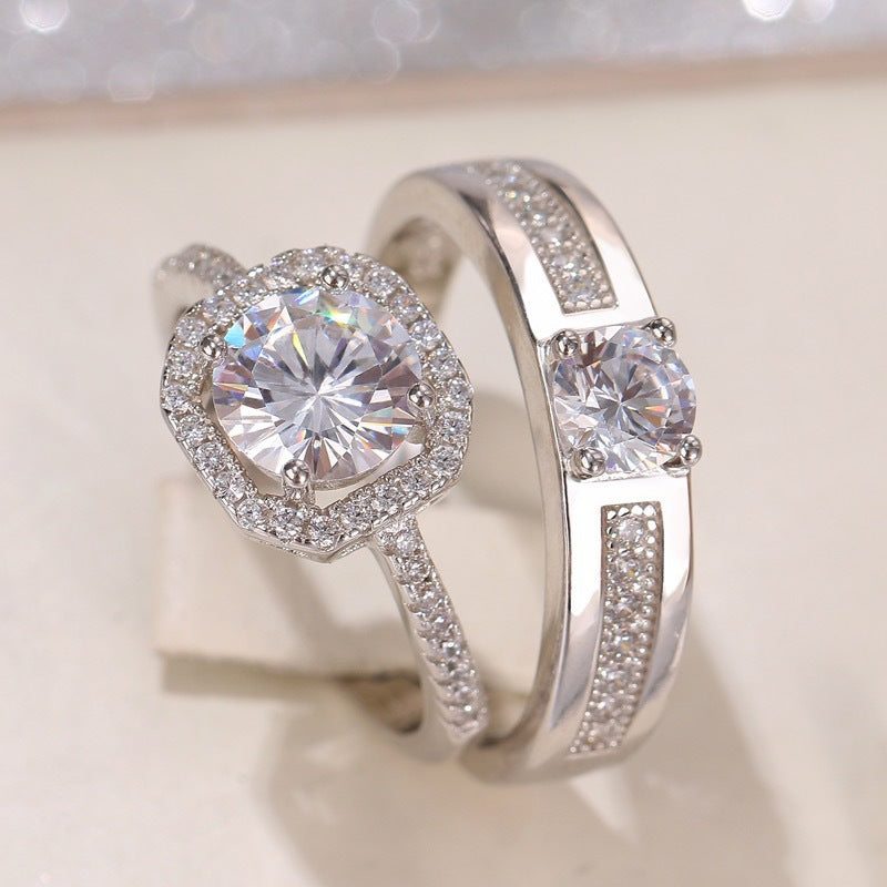 Women's & Men's Couple Open Diamond Wedding Simulation Sier Rings