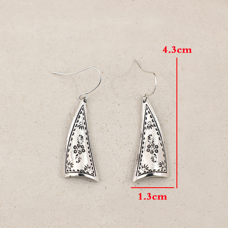 Women's Bohemian Retro Triangle Sier Ethnic Style Carved Niche Design Earrings